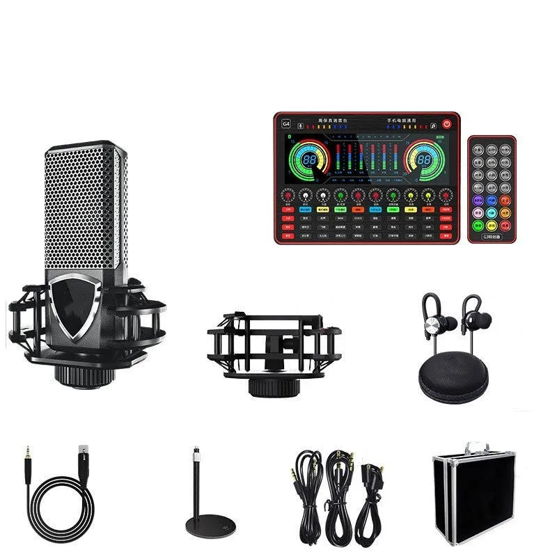 Professional G4 sound card set with colour LCD display, multiple control knobs, and included microphone.