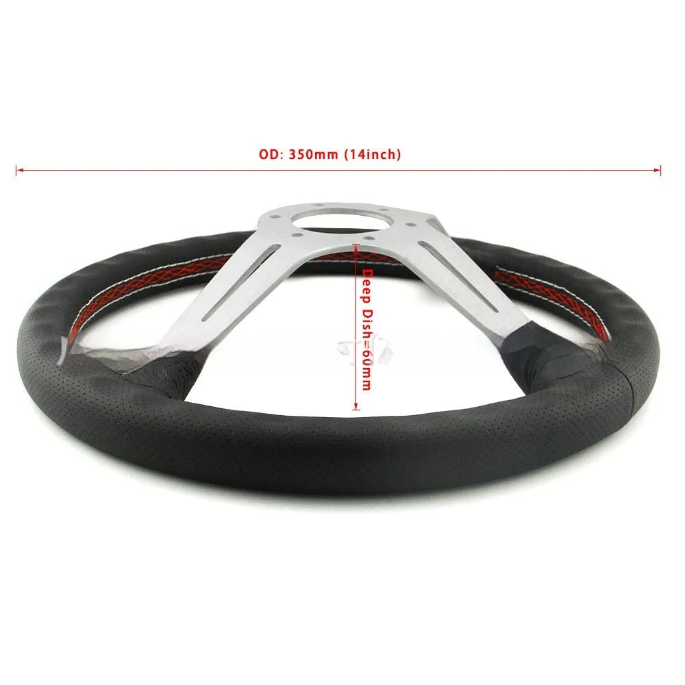 14-inch leather steering wheel with concave middle section and silver-black colour scheme