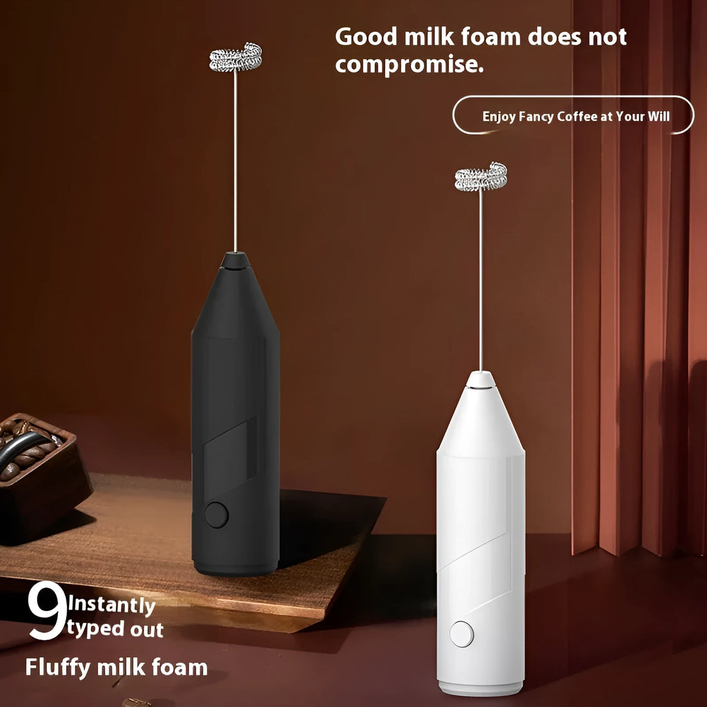 Handheld electric milk frother in black colour with USB charging port