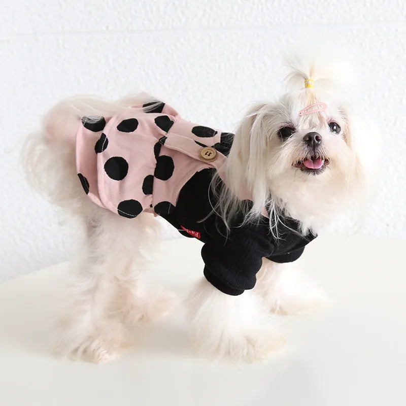 Dog wearing lapel strap cloth clothing in Casual style, showing Four-legged and Skirt design options.