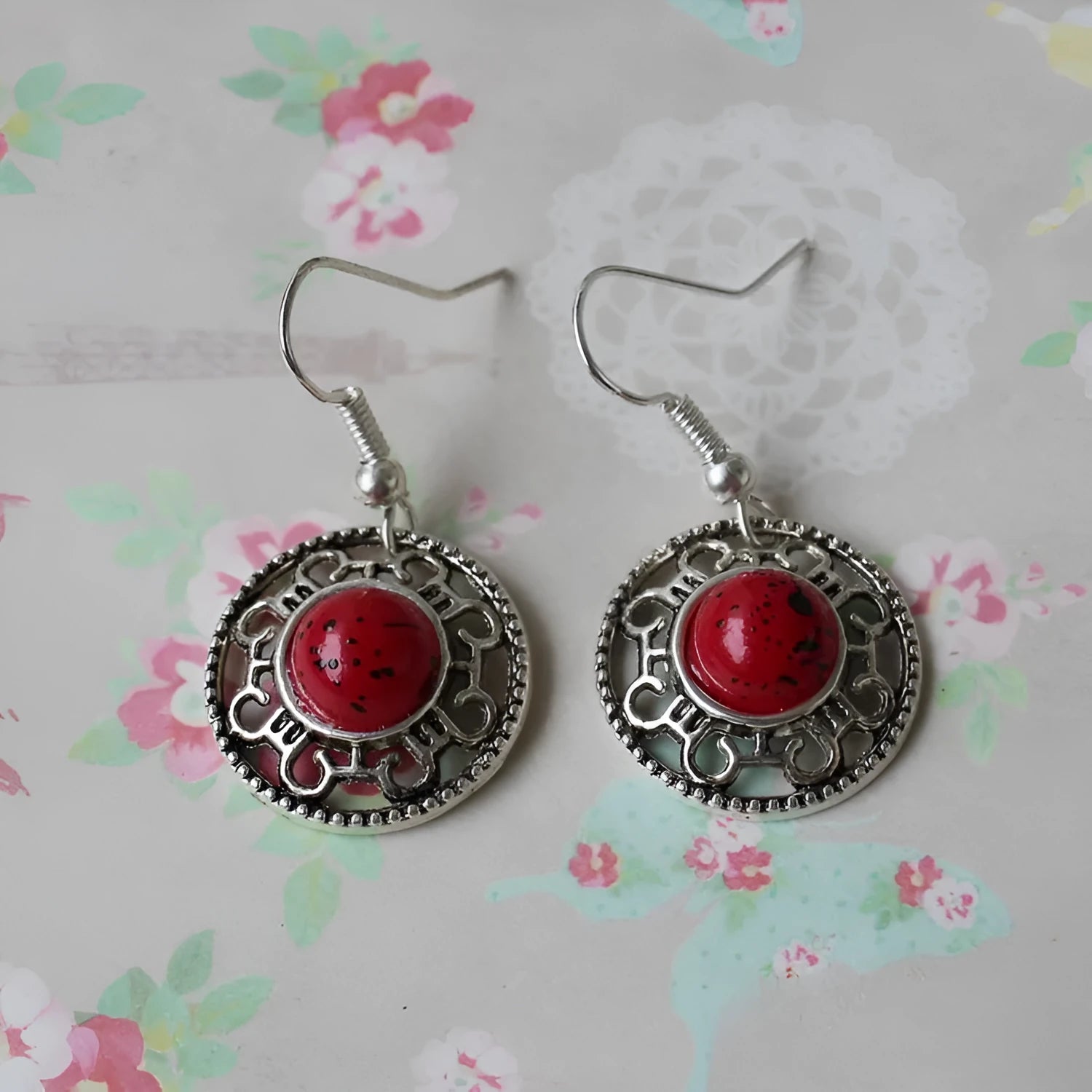 Handmade Miao silver ethnic earrings with geometric turquoise flower disk design