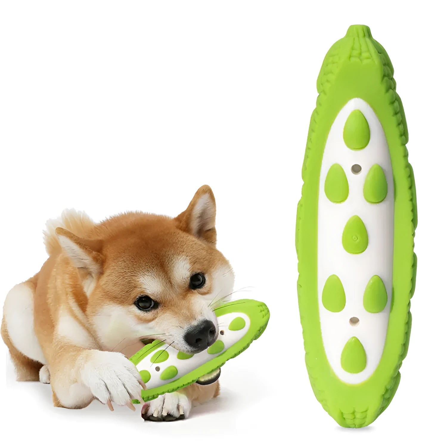 Green and purple meat-scented durable dog chew toys shown in large and small sizes.