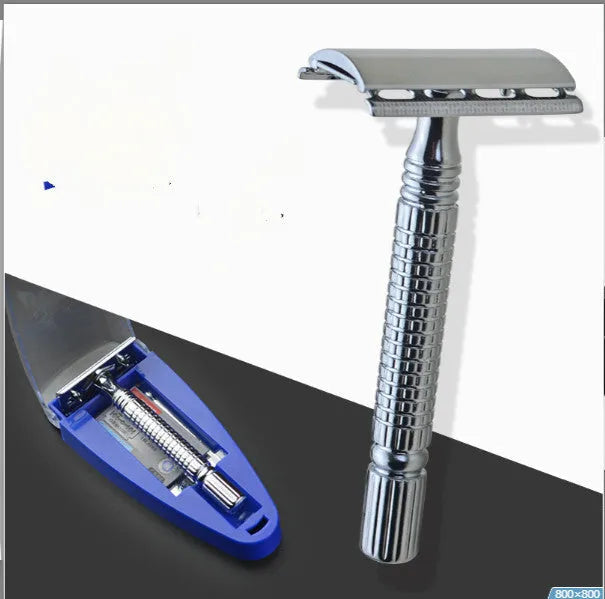 Chrome double-edged safety razor with metal handle, one blade, and a storage box.