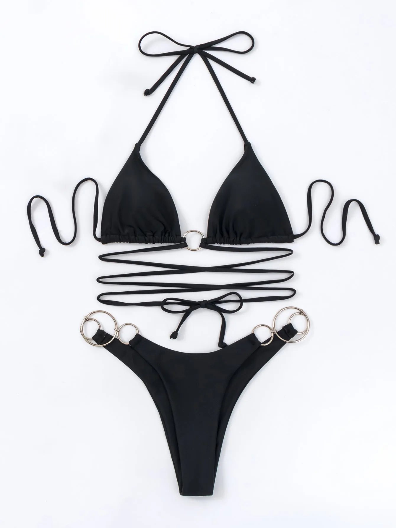 Black women's bikini set with metal ring straps and high-cut split briefs.