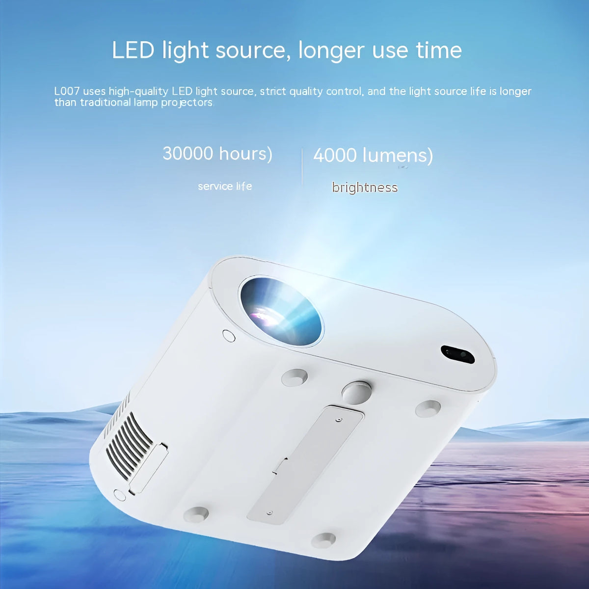 White Full HD smart projector with remote control showing 1080p resolution and 320 ANSI lumen brightness