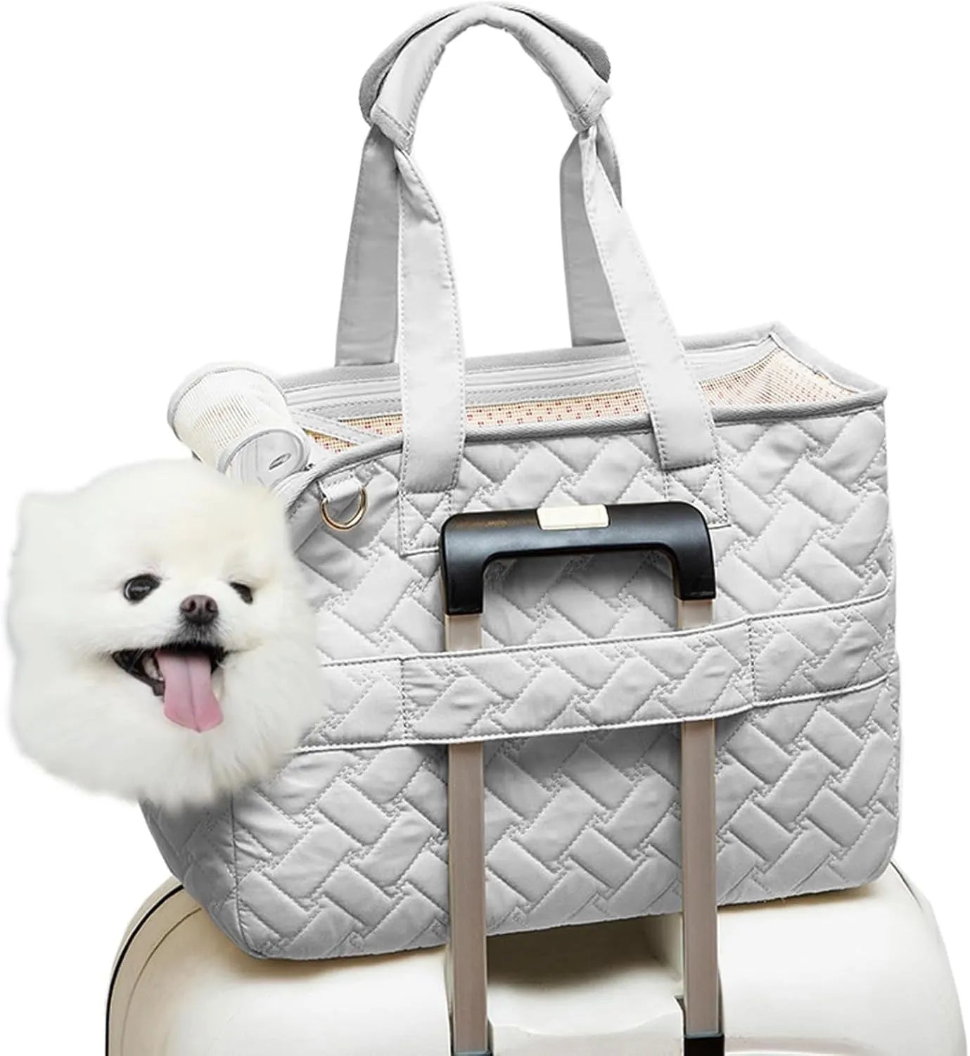 Grey pet carrier handbag with mesh panels and multiple pockets for cats or small dogs