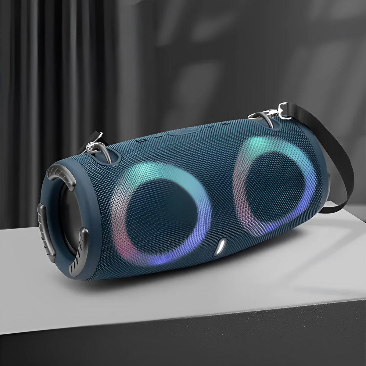 War Drum portable Bluetooth speaker with glowing RGB coloured lights in a camouflage colour variant.