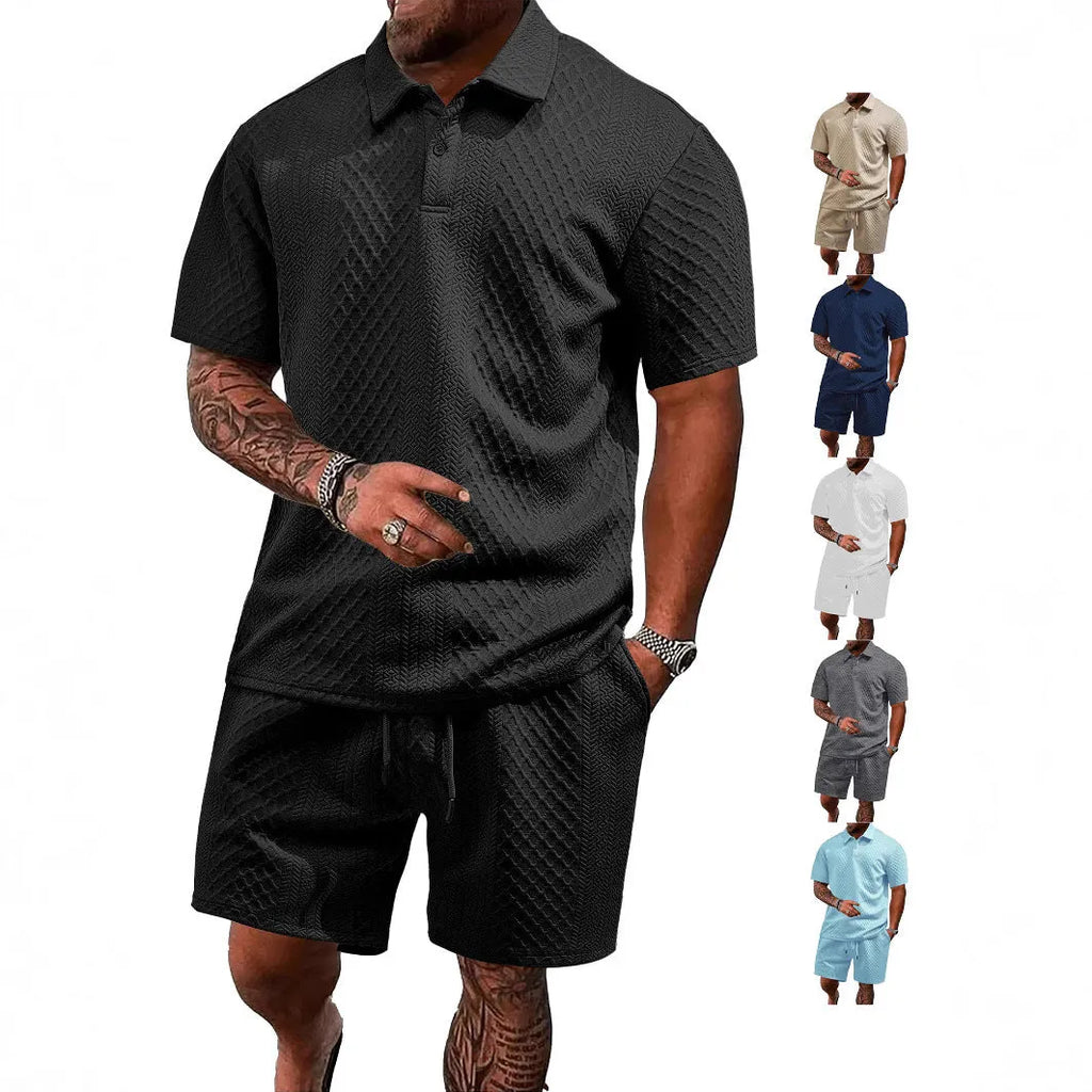 Man wearing a light grey short sleeve polo shirt and matching trousers from the pattern cloth casual suit set.