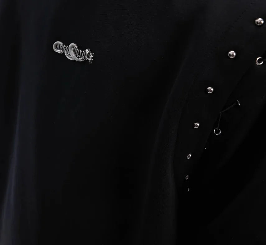Women's black short sleeve top with a white lace-up cutout detail on the side.