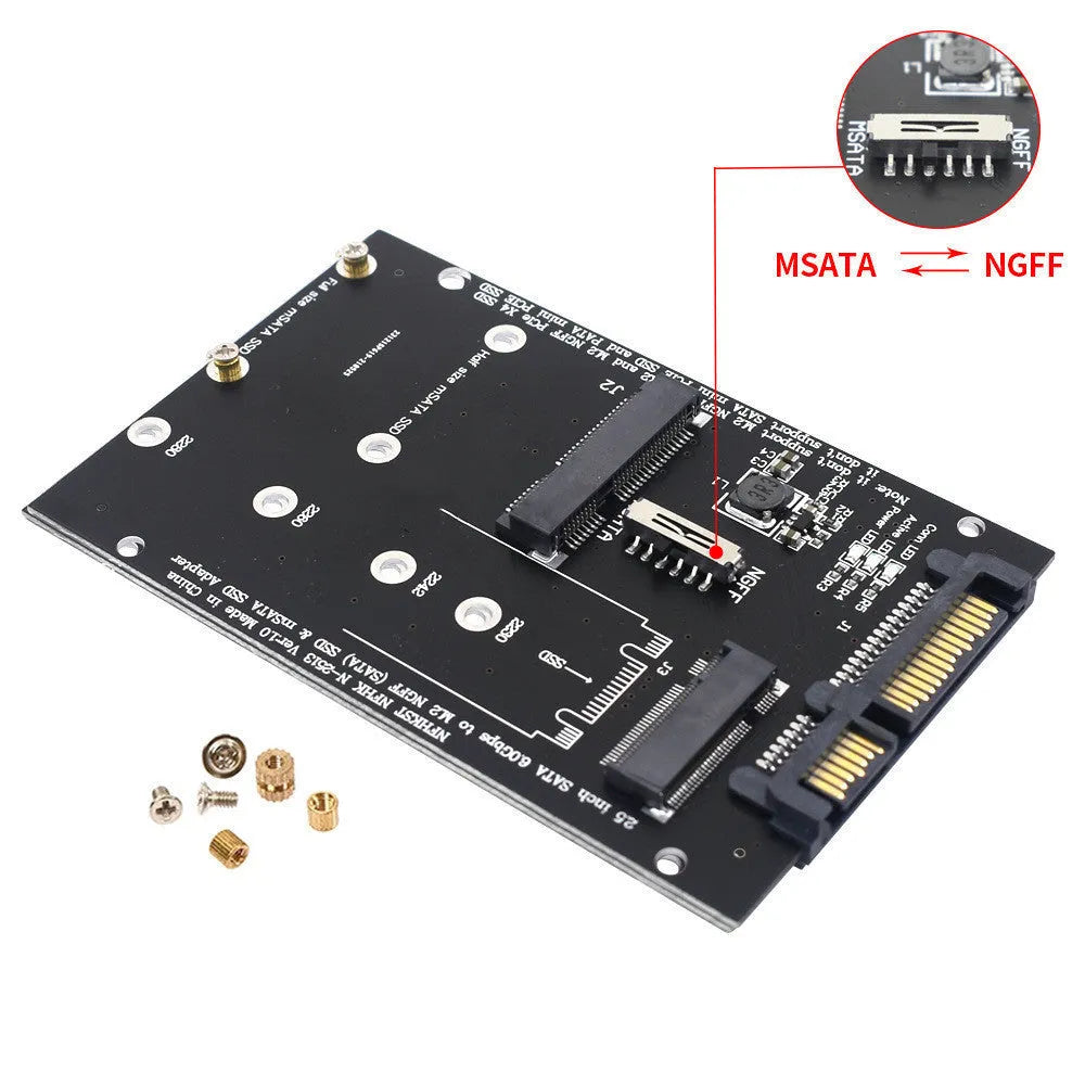 SATA3 to M.2 and mSATA SSD adapter conversion card on a blue printed circuit board.