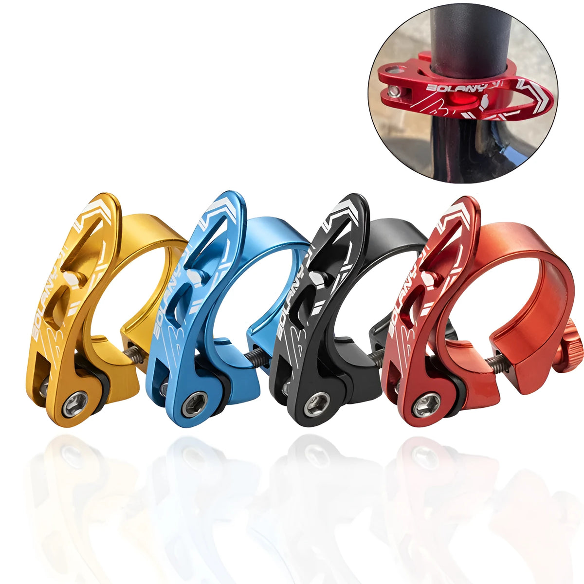 Aluminium mountain bicycle seat post clamp accessory in black, blue, gold, or red.