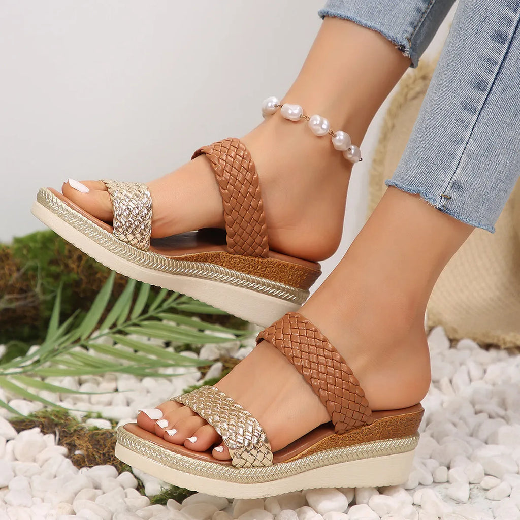 Women's metallic gold wedge sandals with a PU upper and rubber sole, shown in a larger size.