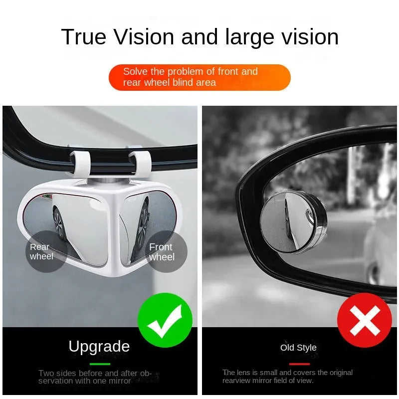 Black adjustable wide-angle car auxiliary mirror showing 360-degree rotation mechanism.