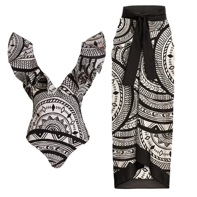 Women's vintage print deep V-neck swimsuit with ruffle detail and matching wrap skirt