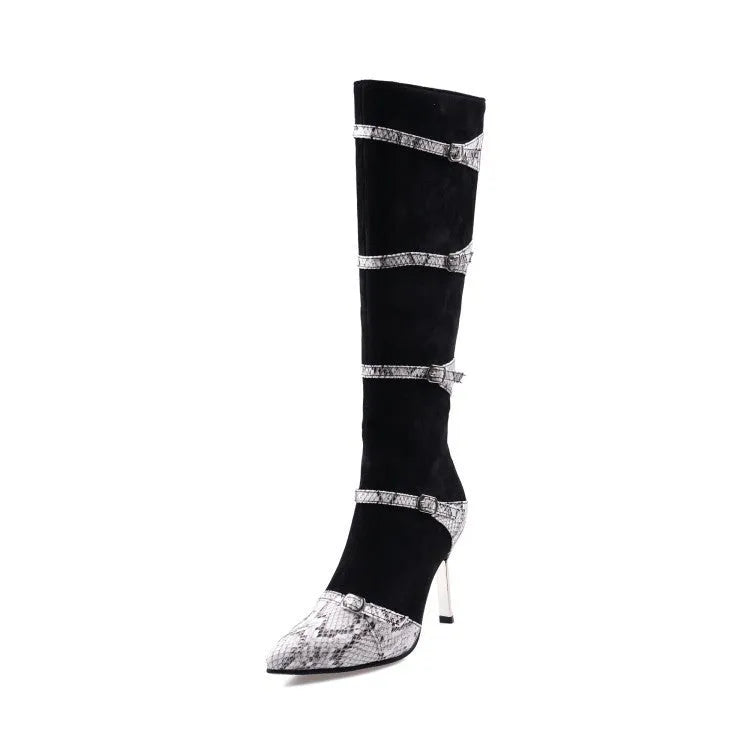 Grey and black women's knee high boots with a thin high heel on a rubber sole.