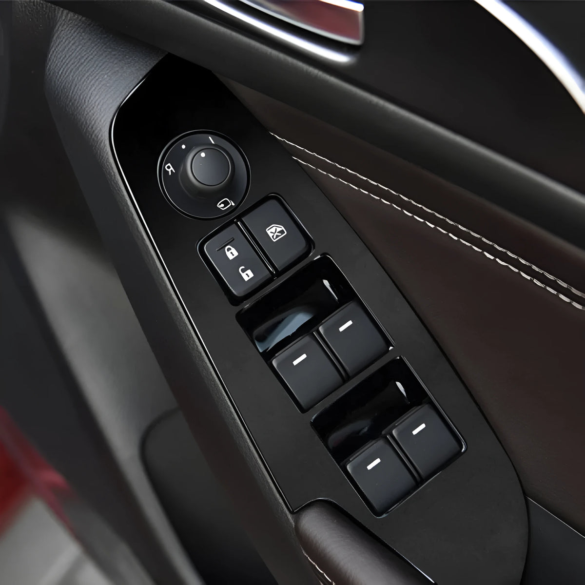 Four TPU protective films for a 14-19 car door control panel, showing transparent and black finish options.