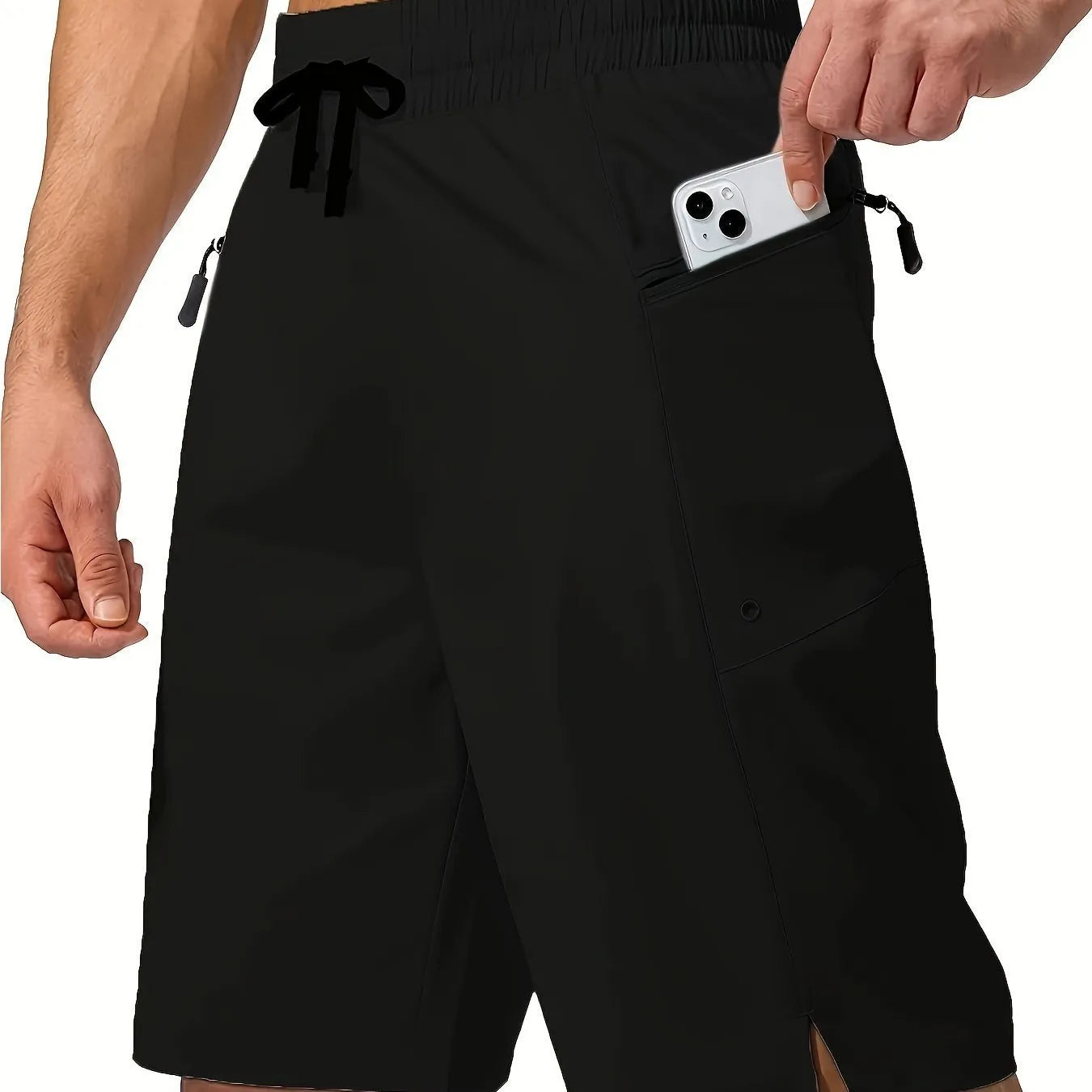 Men's solid colour quick-drying polyester beach shorts in a straight leg style