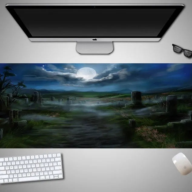 Oversized Halloween pattern mouse pad on a desk showing non-slip rubber base and cloth top.
