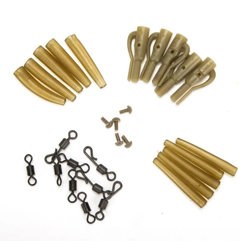 30 piece European carp fishing accessory set with anti-winding pipes, threaded hoses, rotation components, and screws