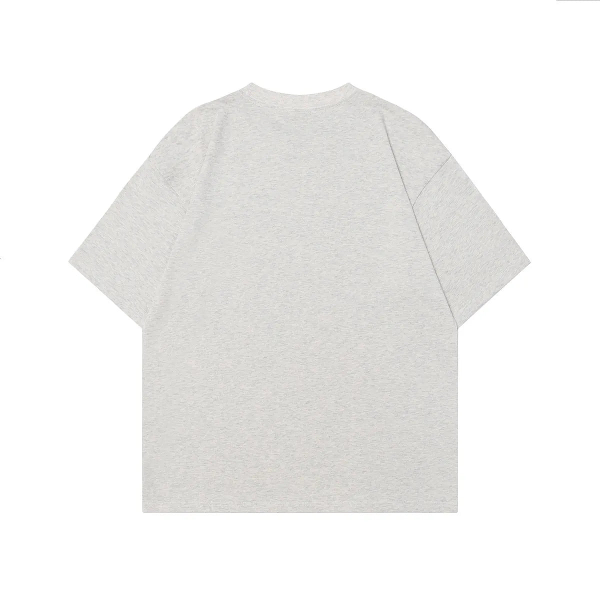 Men's grey cotton T-shirt with character design pattern, loose-fit pullover with short sleeves