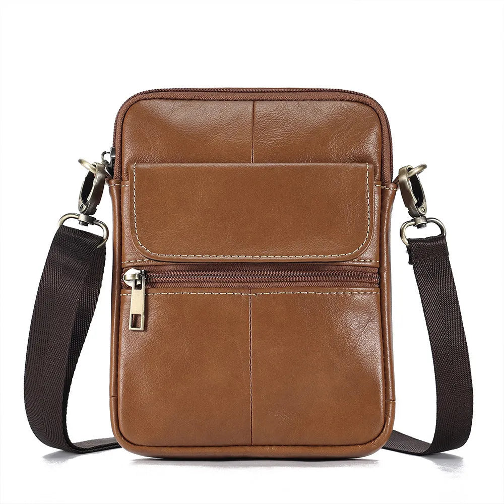 Men's brown genuine leather crossbody shoulder bag with sewn detailing and a shoulder strap.