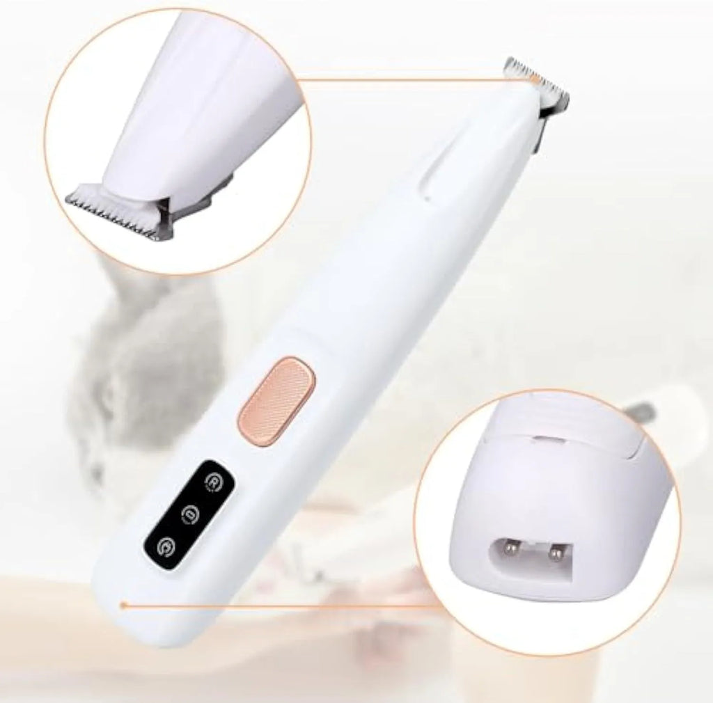 White rechargeable electric dog paw trimmer with LED light on a compact body.