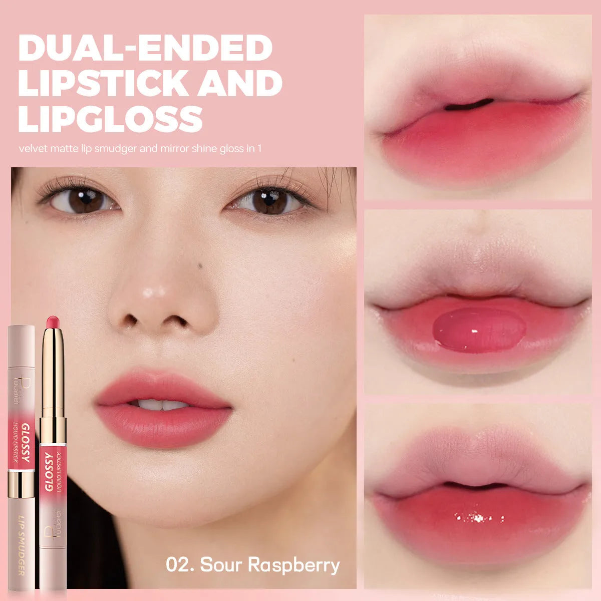 Double-headed lipstick and lip gloss in matte finish, showing ten different shade colour options.