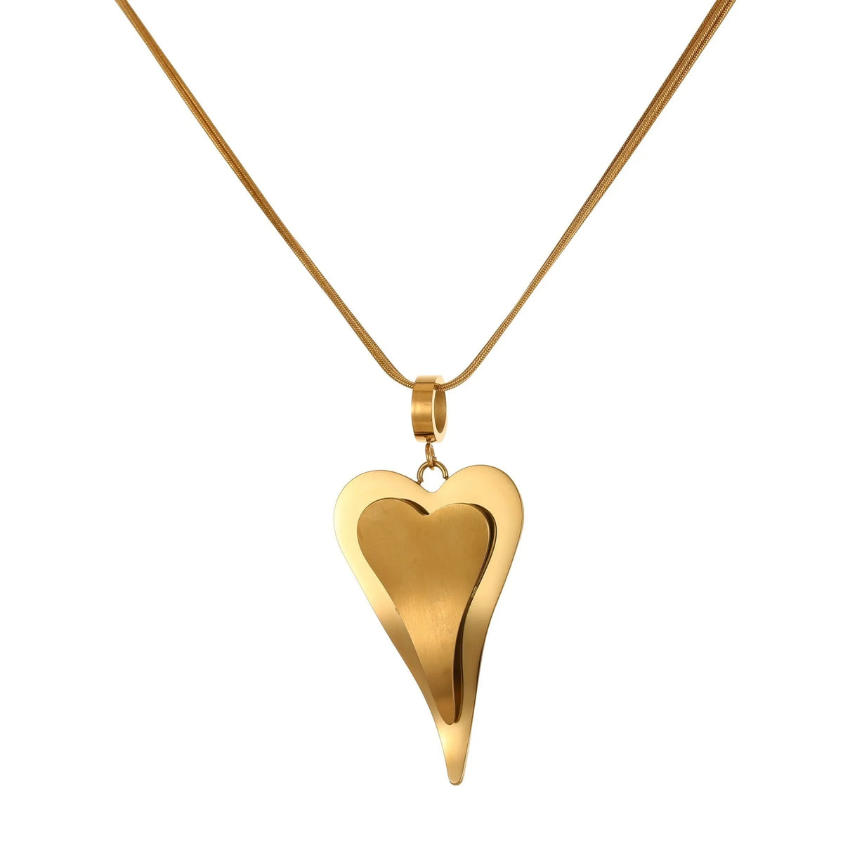 Double heart snake bones geometric pendant necklace in gold or steel finish on regular chain