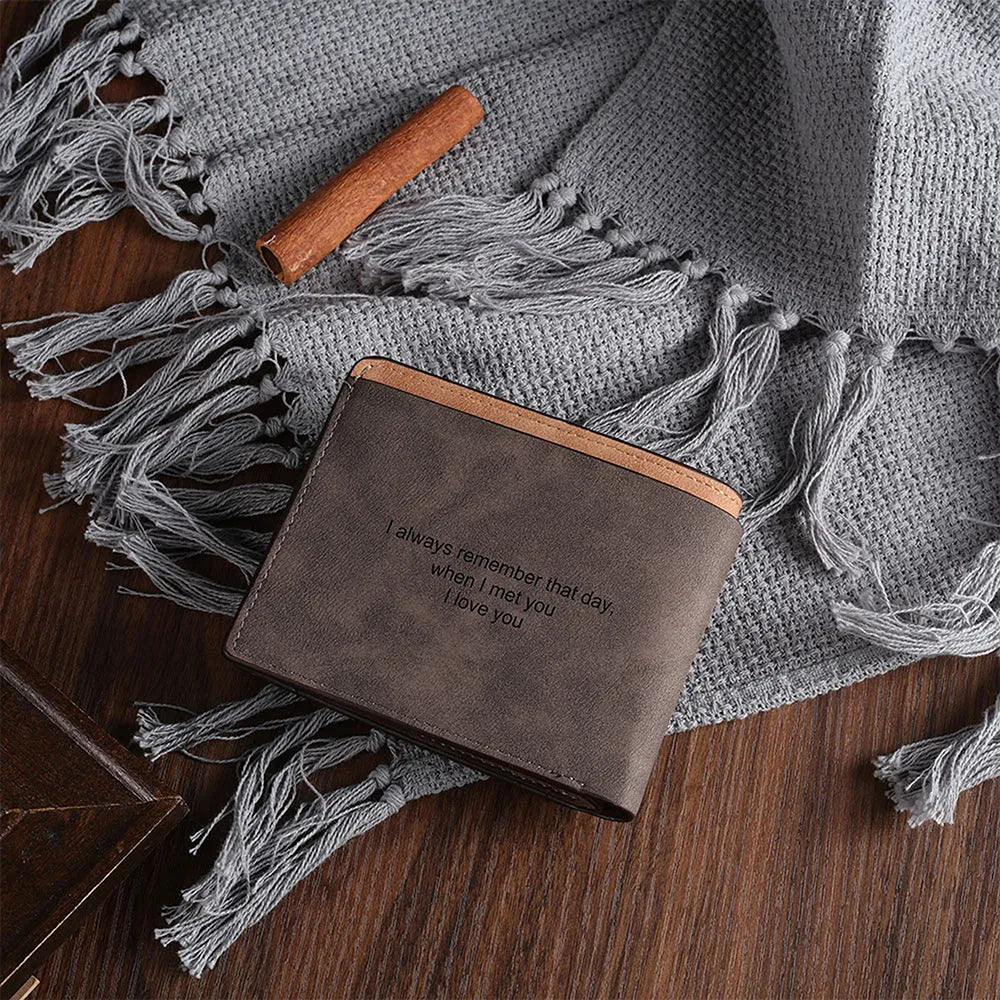 Coffee coloured engraved horizontal PU leather wallet showing seven card slots.