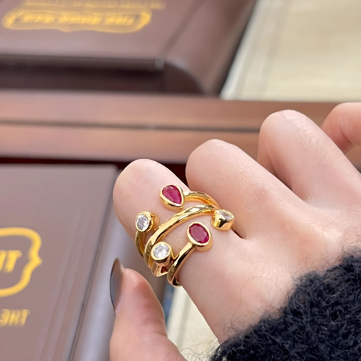 Irregular cross geometric diamond ring with two-tone electroplated finish and double-headed design