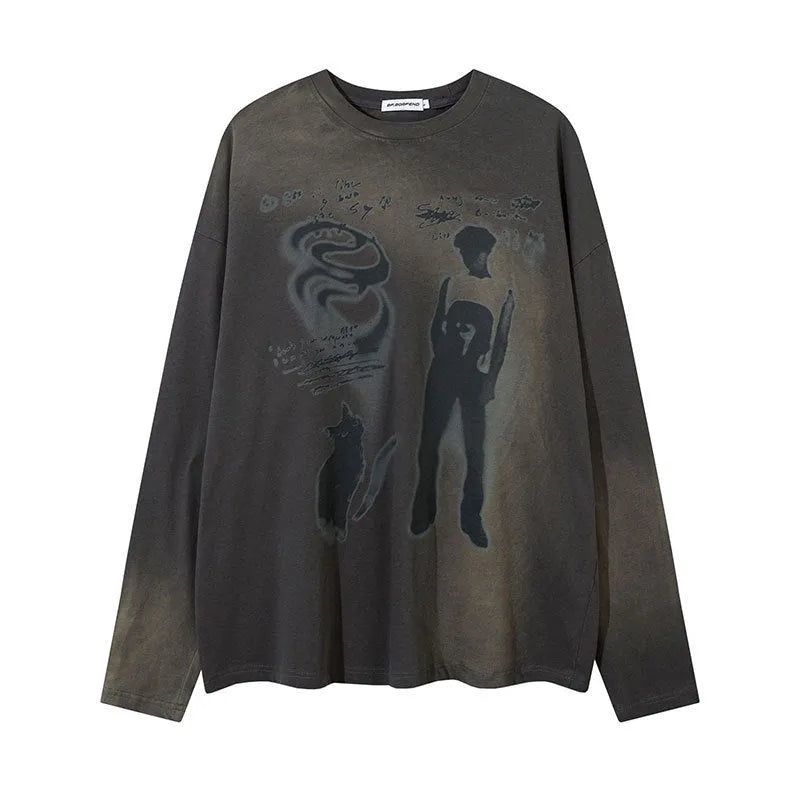 Women's loose fit cotton pullover top with letters print in dark grey colour showing drop-shoulder sleeves