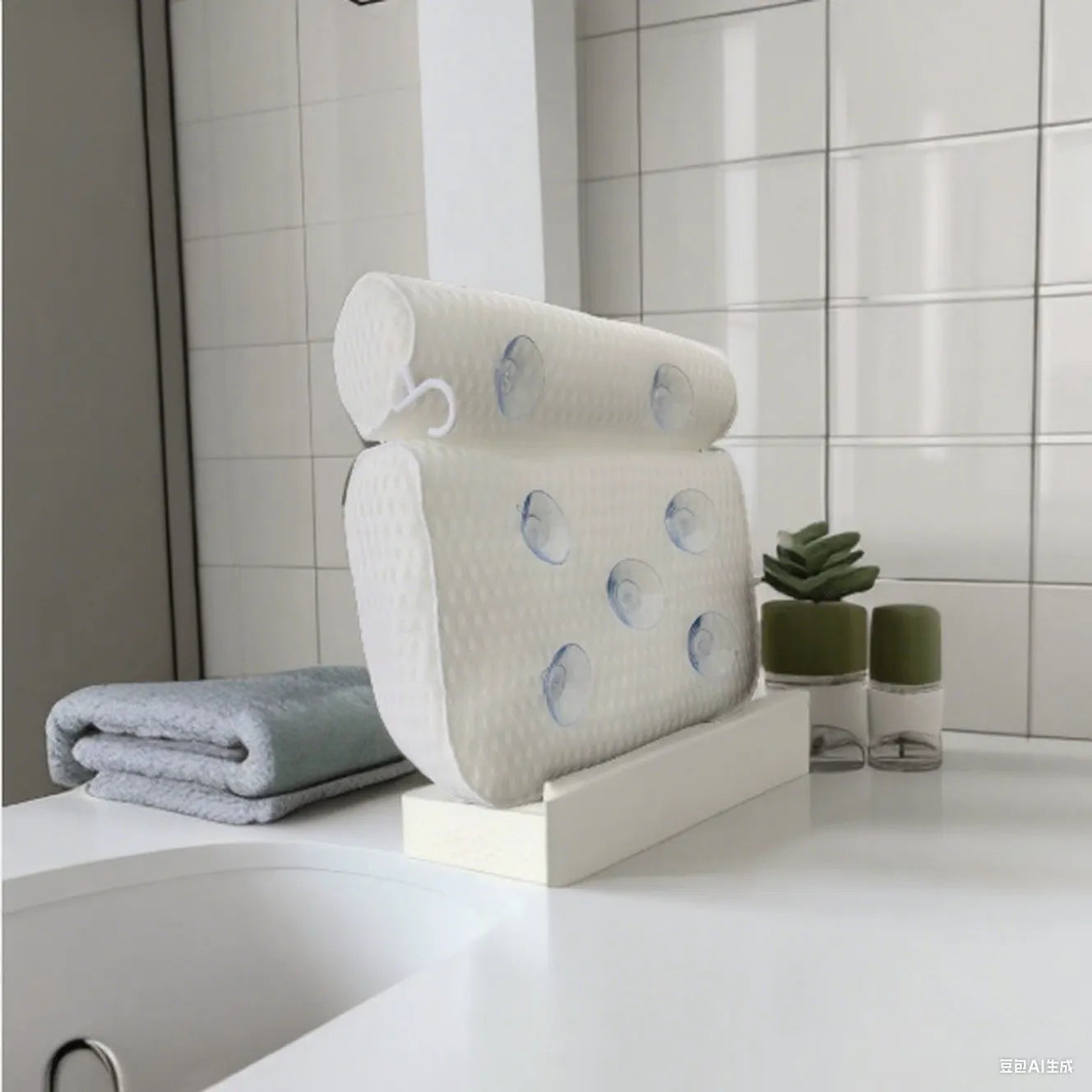 White 3D mesh bathtub pillow with seven suction cups for non-slip placement