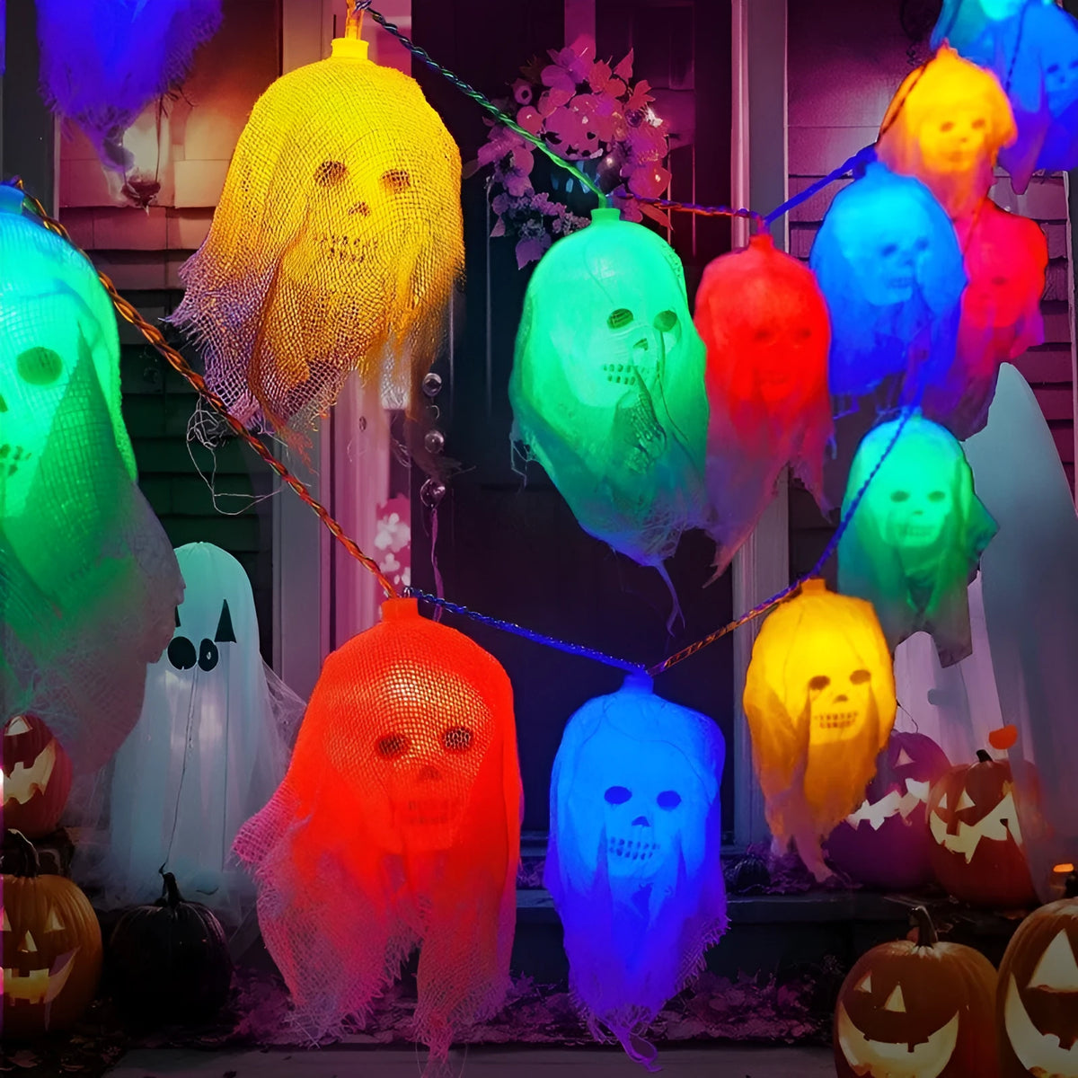 Battery-powered Halloween coloured LED lights with plastic housing for indoor wall decoration