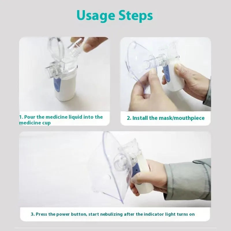 White columnar plastic USB handheld nebuliser spray machine with water tank on a table.