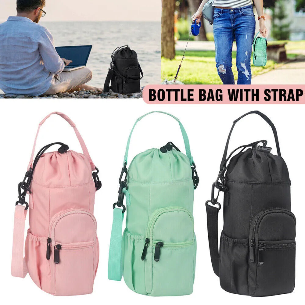 Cloth crossbody water bottle shoulder pouch shown in black, green, and pink colour options.