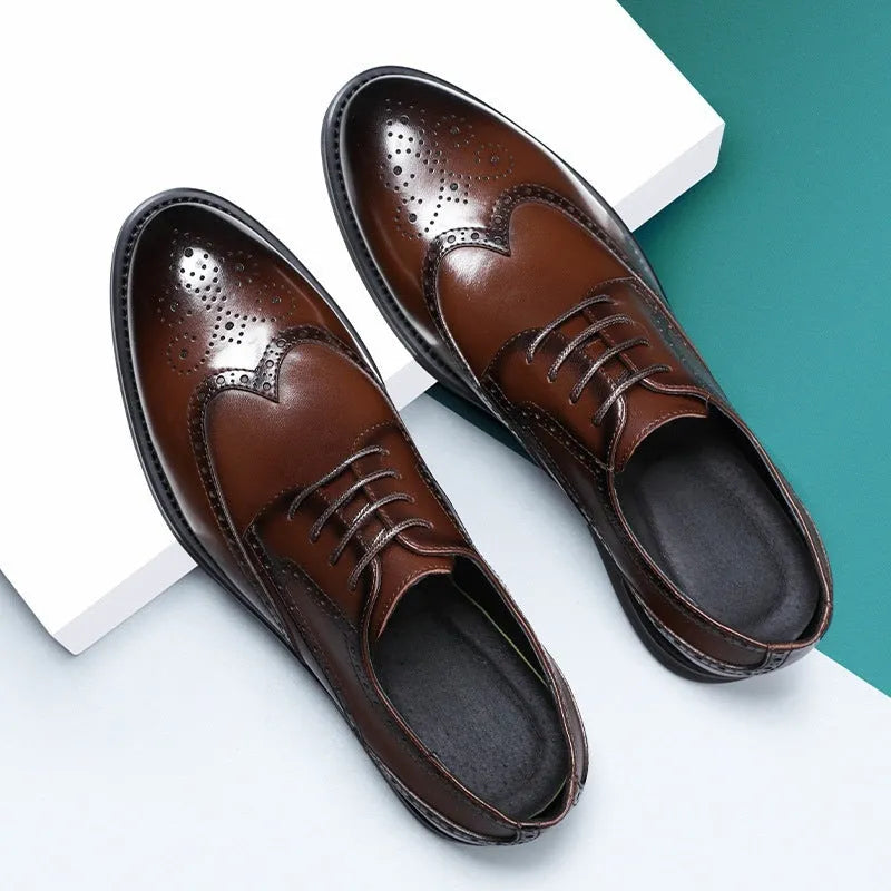Men's black and brown PU leather brogue shoes for formal business wear.