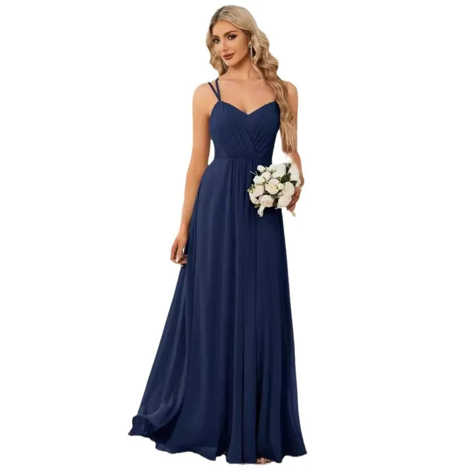 Sleeveless sling neckline banquet dress with long pleated A-line skirt in light green colour