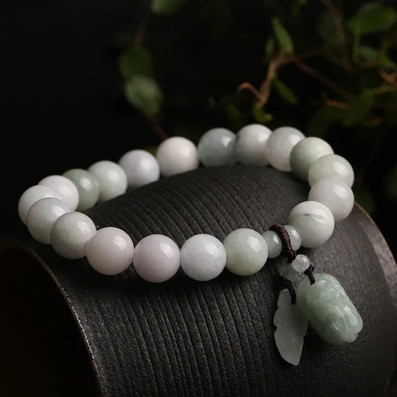 Natural jade hanging bracelet with Maitreya Buddha charm and geometric designs