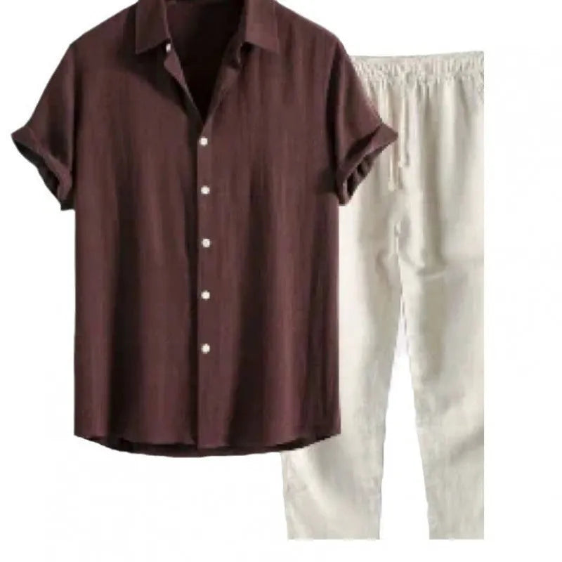 Man wearing a loose-fit short-sleeve shirt and trousers from a casual linen-blend suit set.
