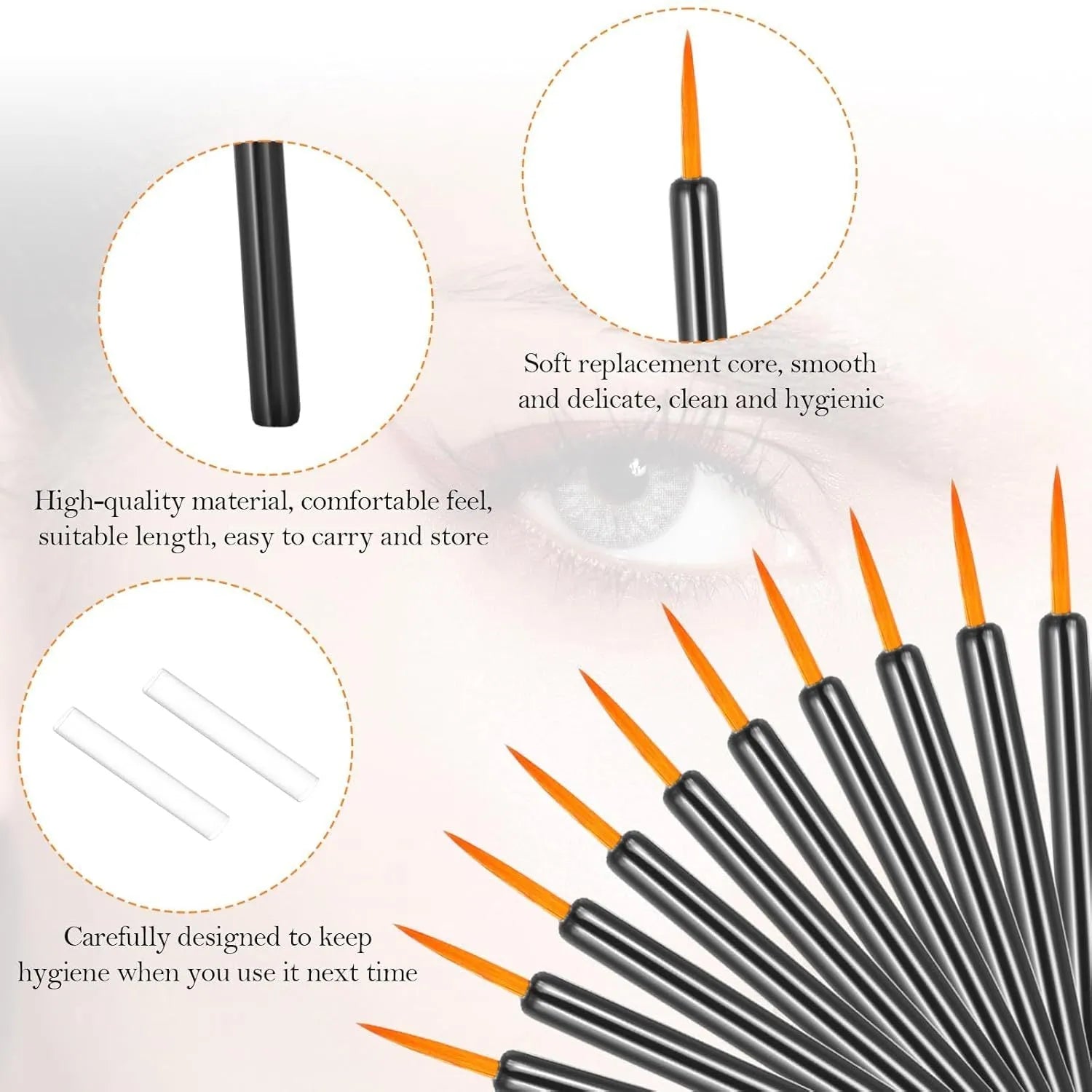 One hundred black disposable eyeliner brushes with ultra-fine pointed tips and clear plastic protective sleeves
