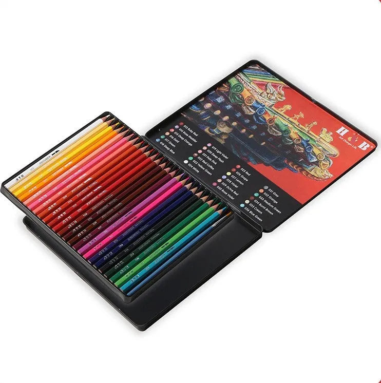 Water-soluble coloured pencils set with 24 colours in metal storage tin for drawing and watercolour techniques