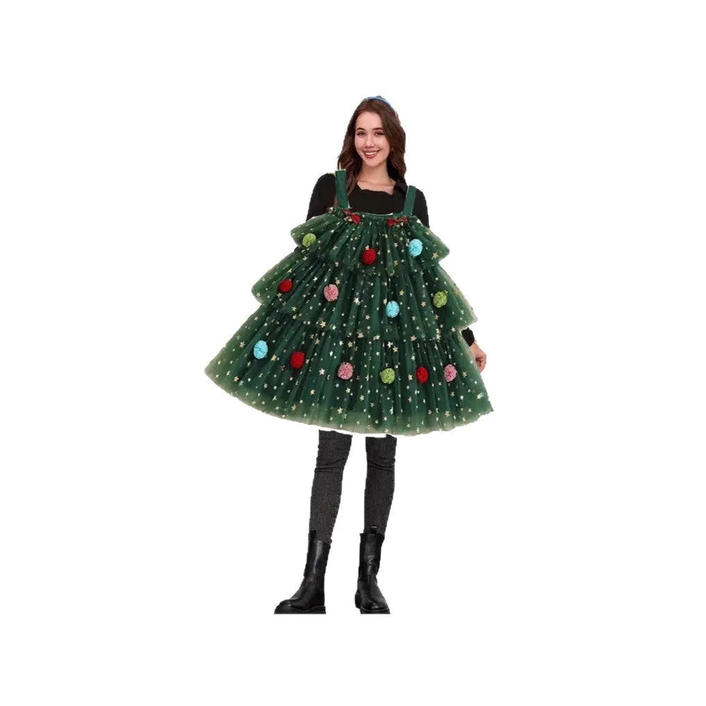 Green mesh polka dot colourful ball decorative tiered dress with Christmas tree pattern