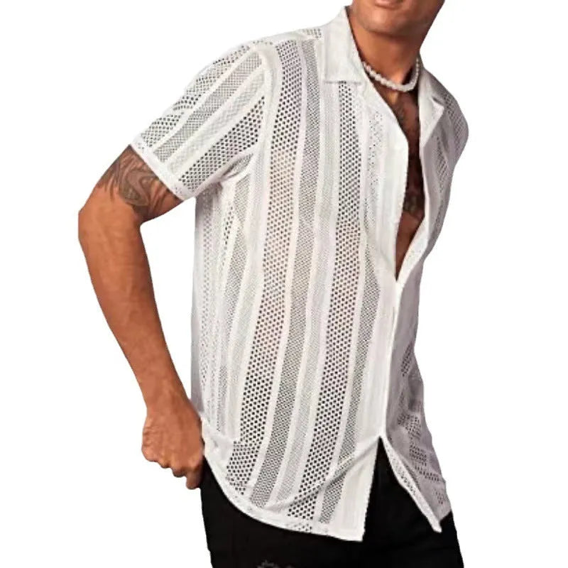 Men's black knitted short-sleeve button shirt with jacquard texture and cardigan style