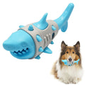 Blue, grey, and yellow dog chew toy with textured shark-tooth nubs and bite-resistant channels.