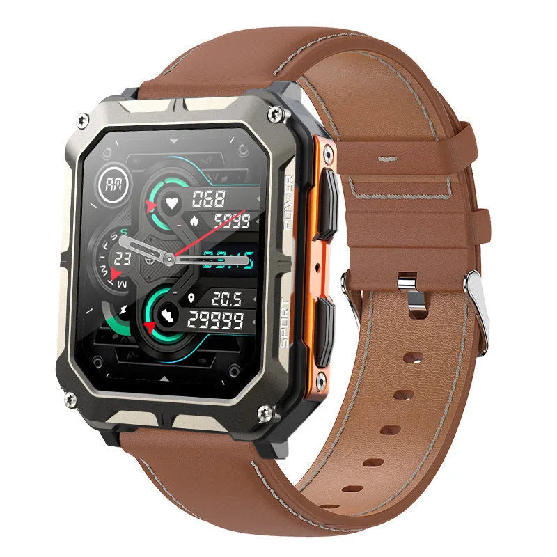 Square dial smart watch with aluminium alloy case and silicone strap showing Bluetooth calling function