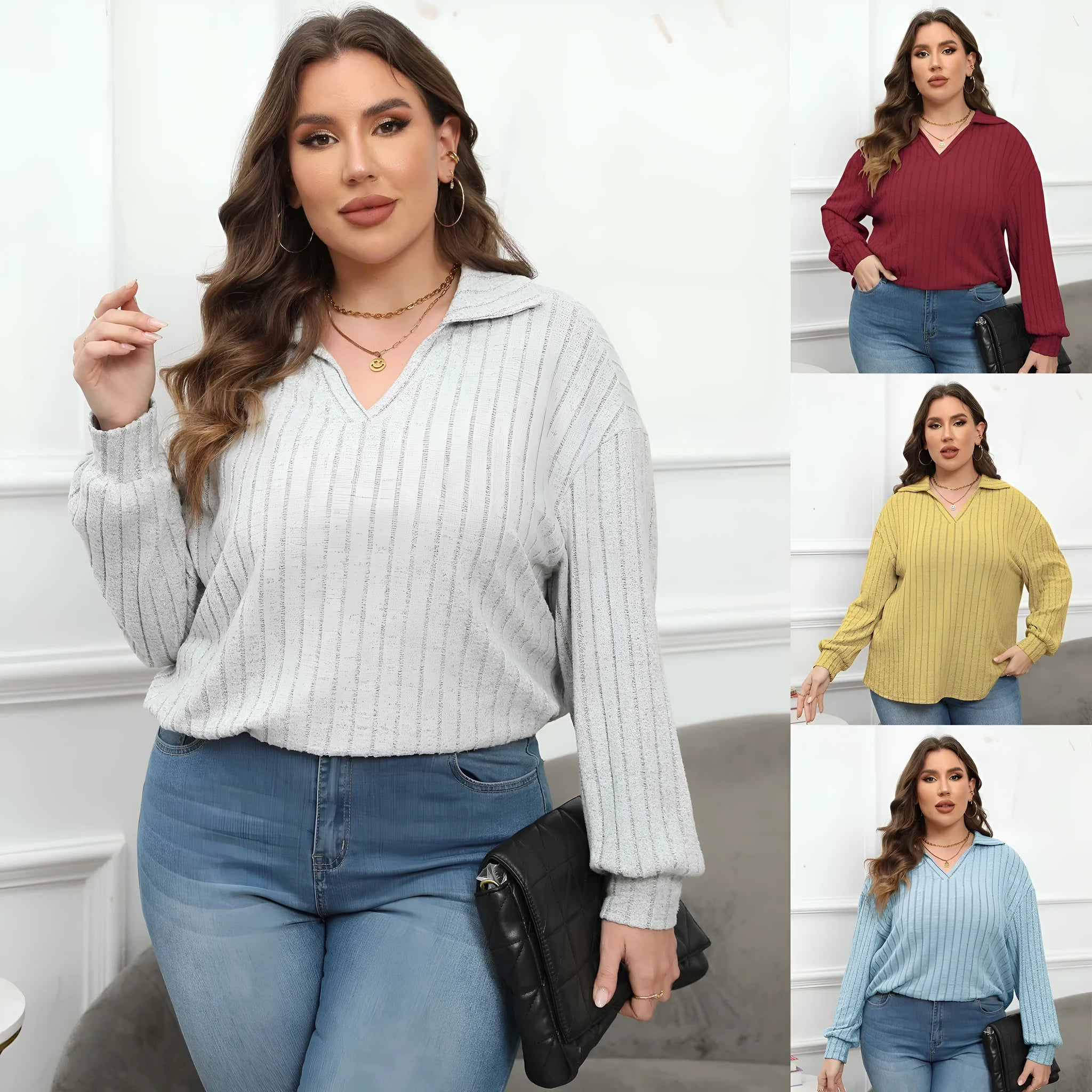 Women's plus size gray polo collar fleece shirt with lantern sleeves on a hanger.
