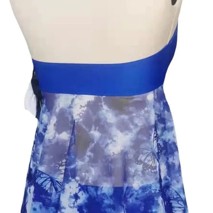 Blue women's bikini swimsuit with brief-style bottoms, made from stretch Spandex fabric.