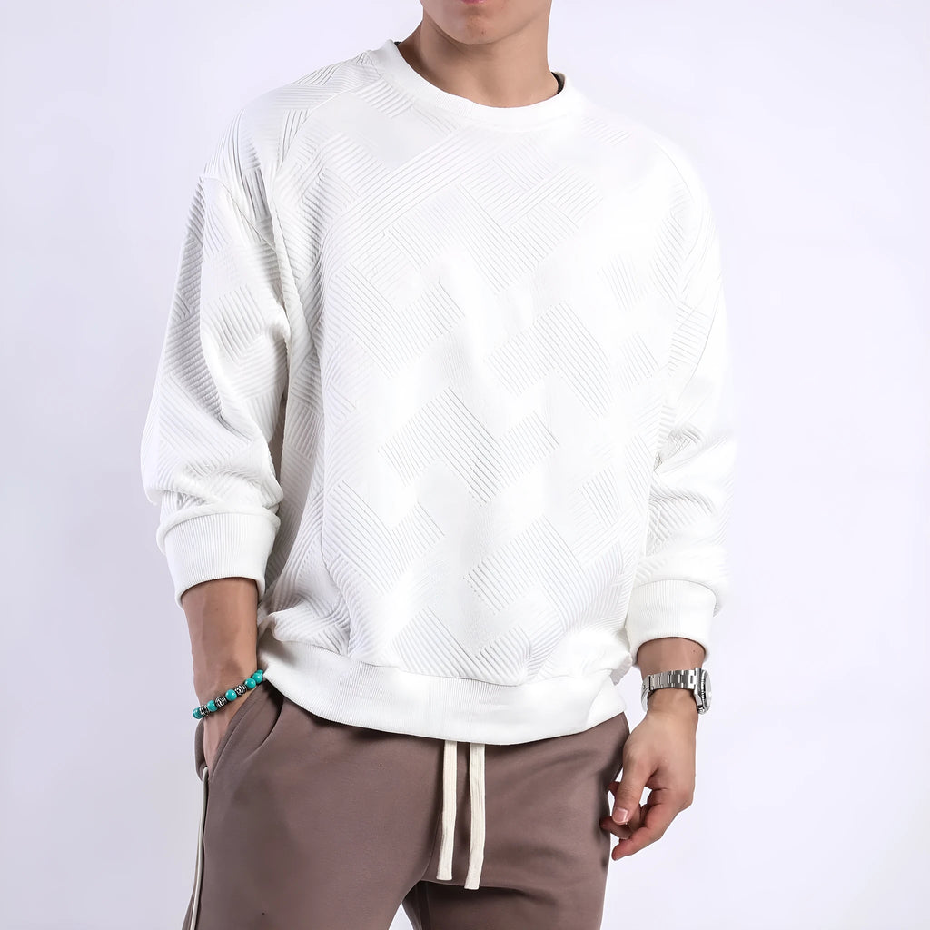 Men's twill jacquard long sleeve pullover sweater in loose fit with round neck