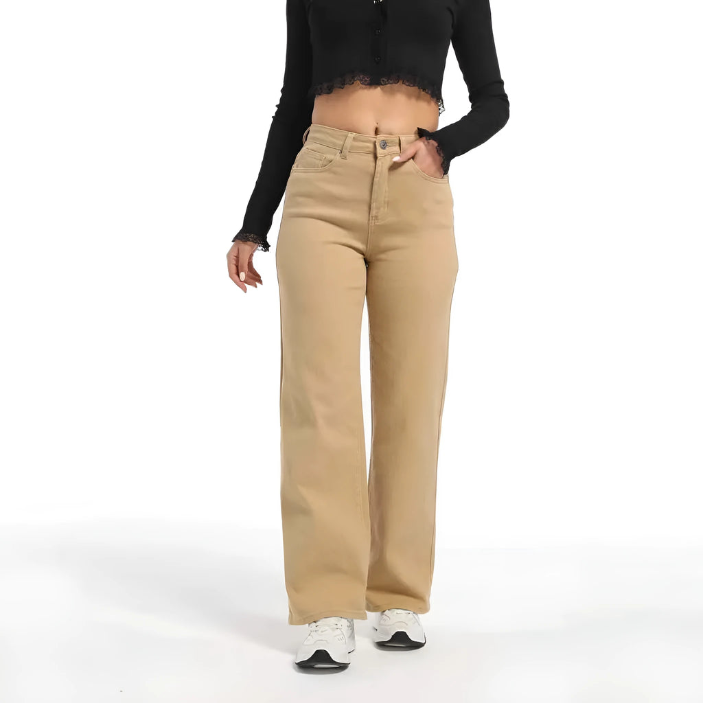 Women's straight leg wide jeans in apricot and khaki colours showing high waist design and trouser length
