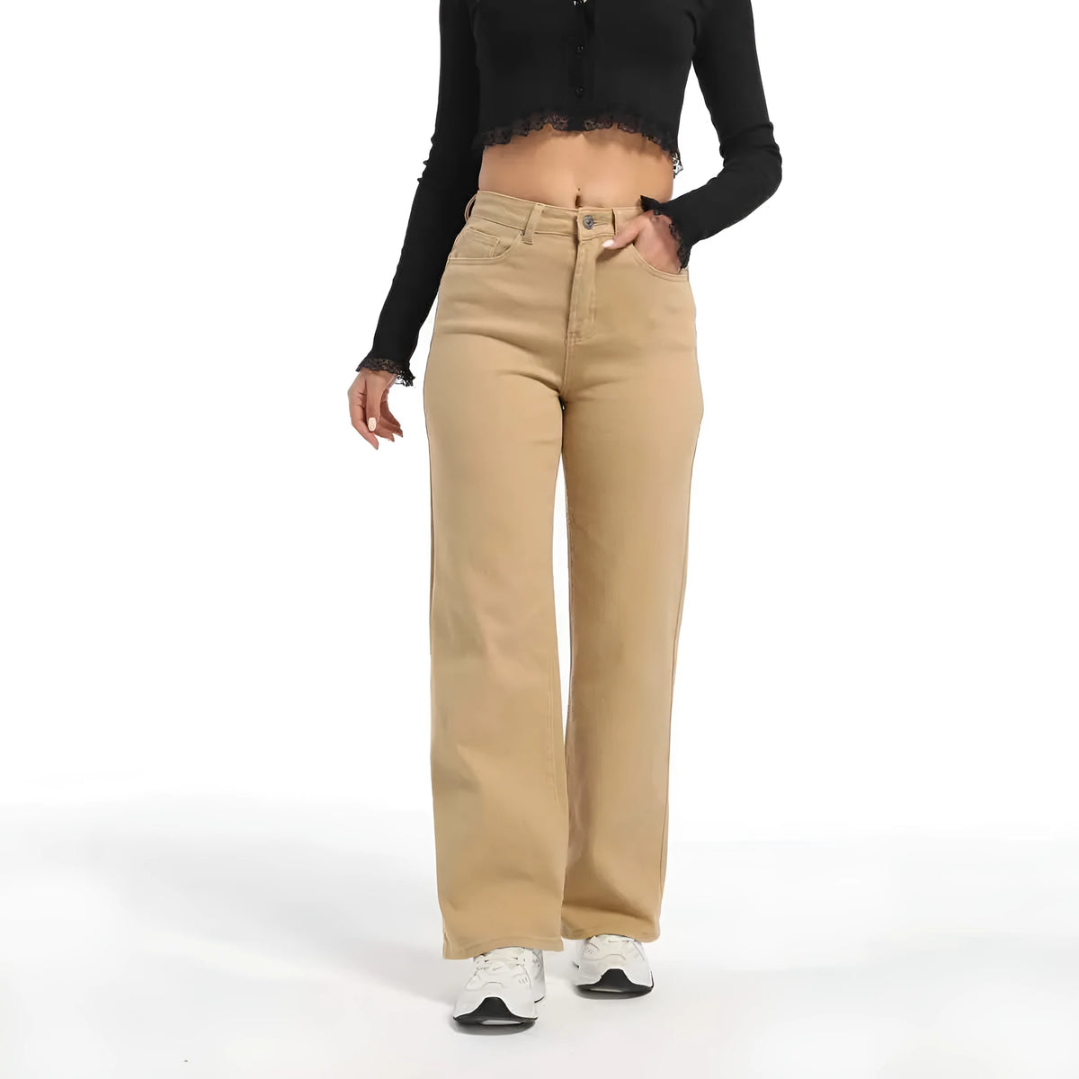 Women's straight leg wide jeans in apricot and khaki colours showing high waist design and trouser length